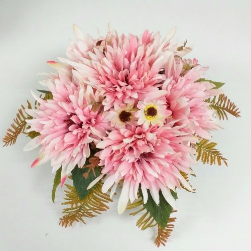 Kunstbloemen - Roze Chrysanten met varens kunstbloemen.be