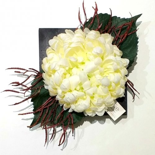Kunstbloemen - Witte bol-Chrysant met groen in vierkanten schaal kunstbloemen.be