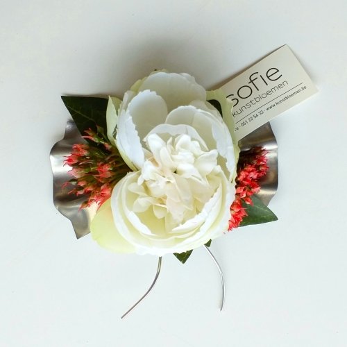 Kunstbloemen - Witte mini-pioen op loden strikje kunstbloemen.be