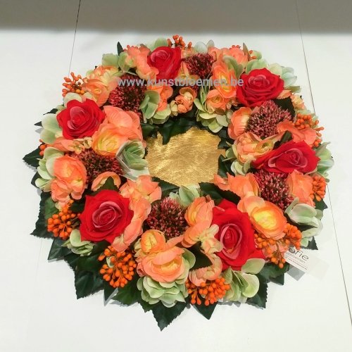 Kunstbloemen - bloemenkrans rond urne thuis, oranje kunstbloemen.be