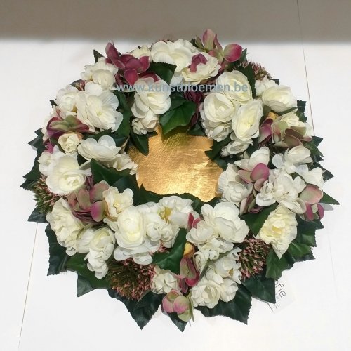 Kunstbloemen - Bloemenkrans rond urne thuis, wit - brons kunstbloemen.be