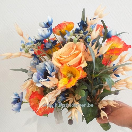 Kunstbloemen - veld boeket oranje-blauw kunstbloemen.be